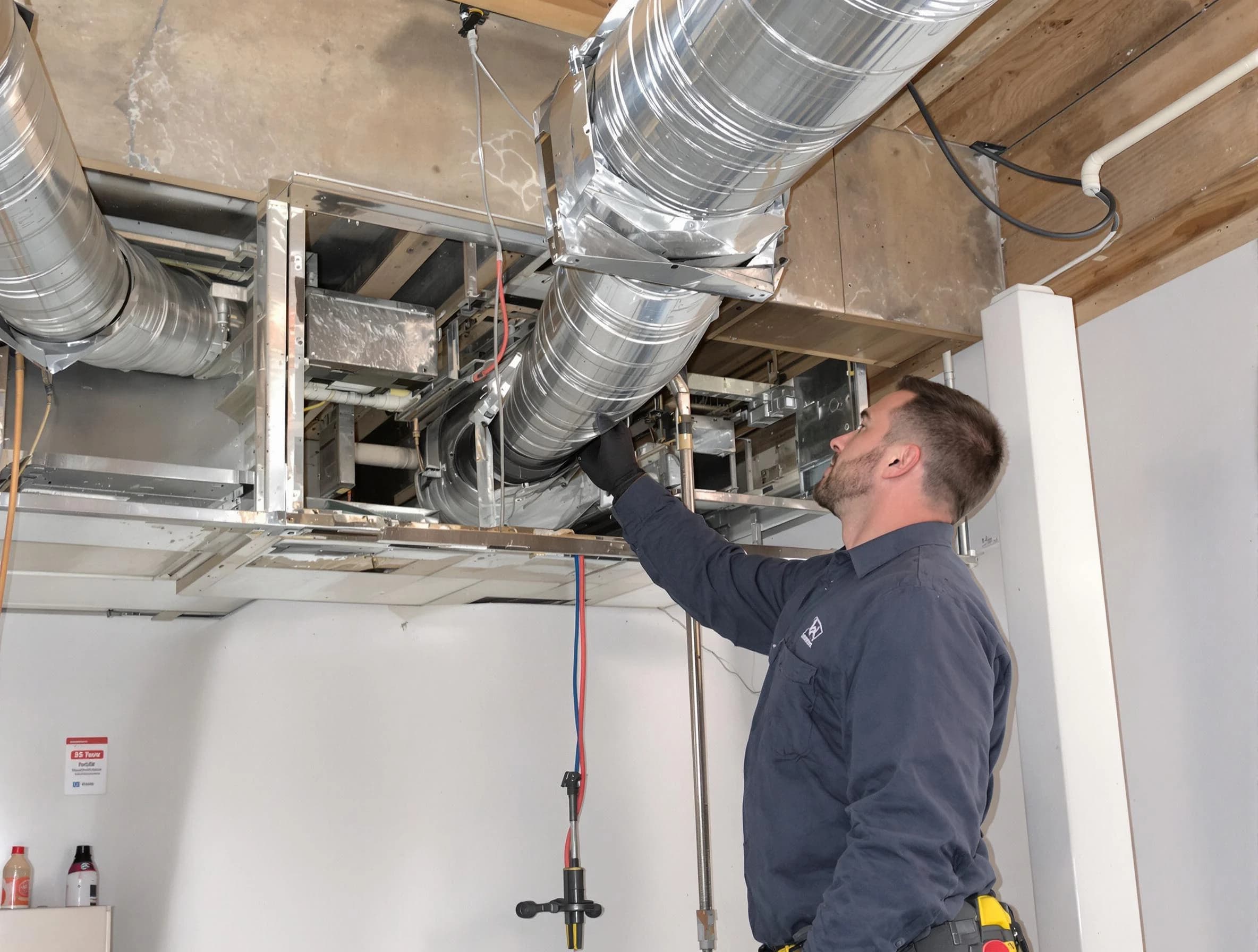 Evans Air Duct Cleaning technician performing professional air duct repair using specialized tools in Evans