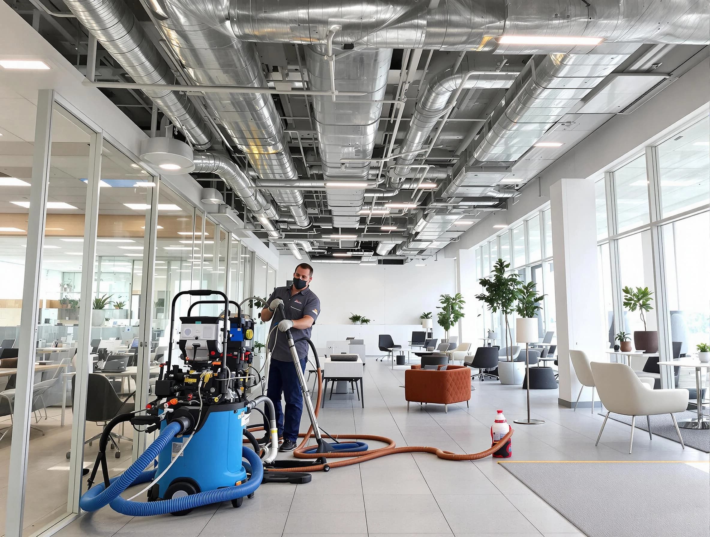 Evans Air Duct Cleaning team conducting comprehensive commercial duct cleaning at a business location in Evans