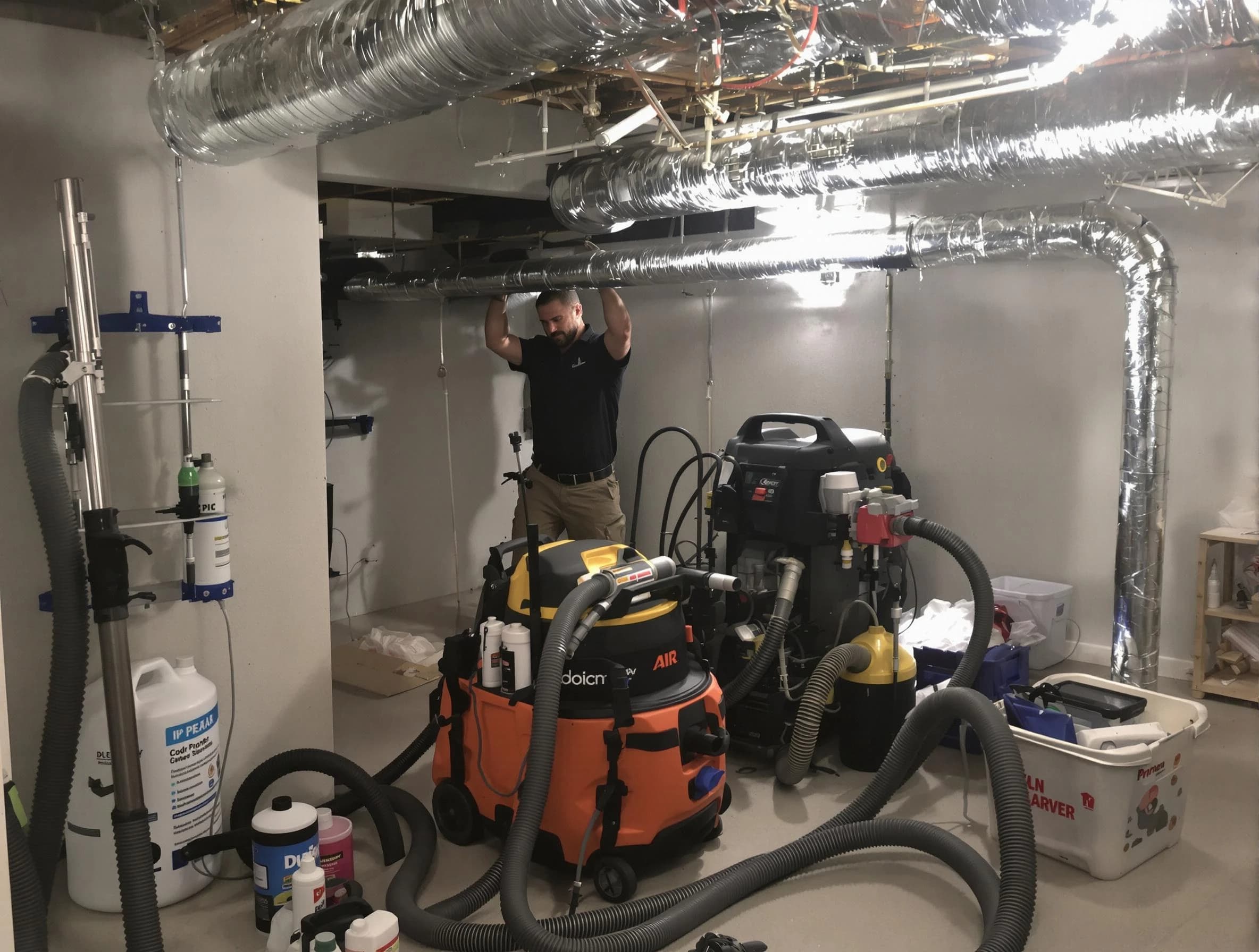 Evans Air Duct Cleaning specialist performing professional mold removal from air ducts using safety equipment in Evans